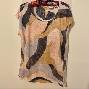 Rachel Zoe Women’s 100% Linen Boho Abstract Retro Neutral Print Button Back Top